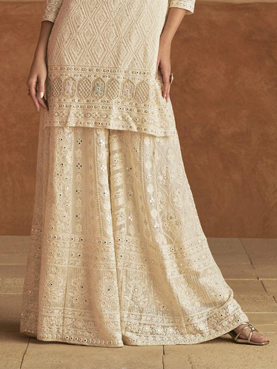 White Georgette Embroidery Zari Sequins Wedding Party Festival Casual Ready Palazzo Pant Salwar Kameez