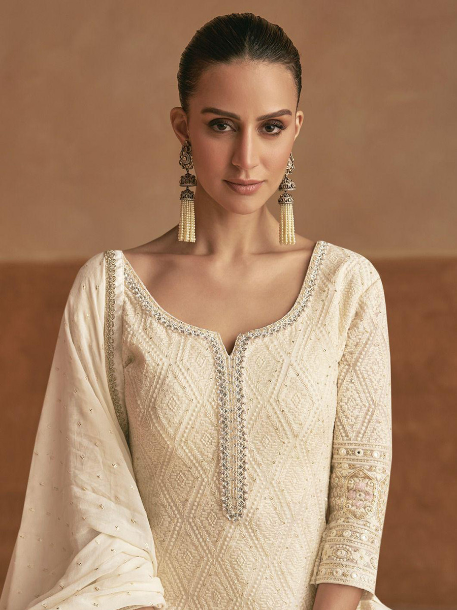 White Georgette Embroidery Zari Sequins Wedding Party Festival Casual Ready Palazzo Pant Salwar Kameez