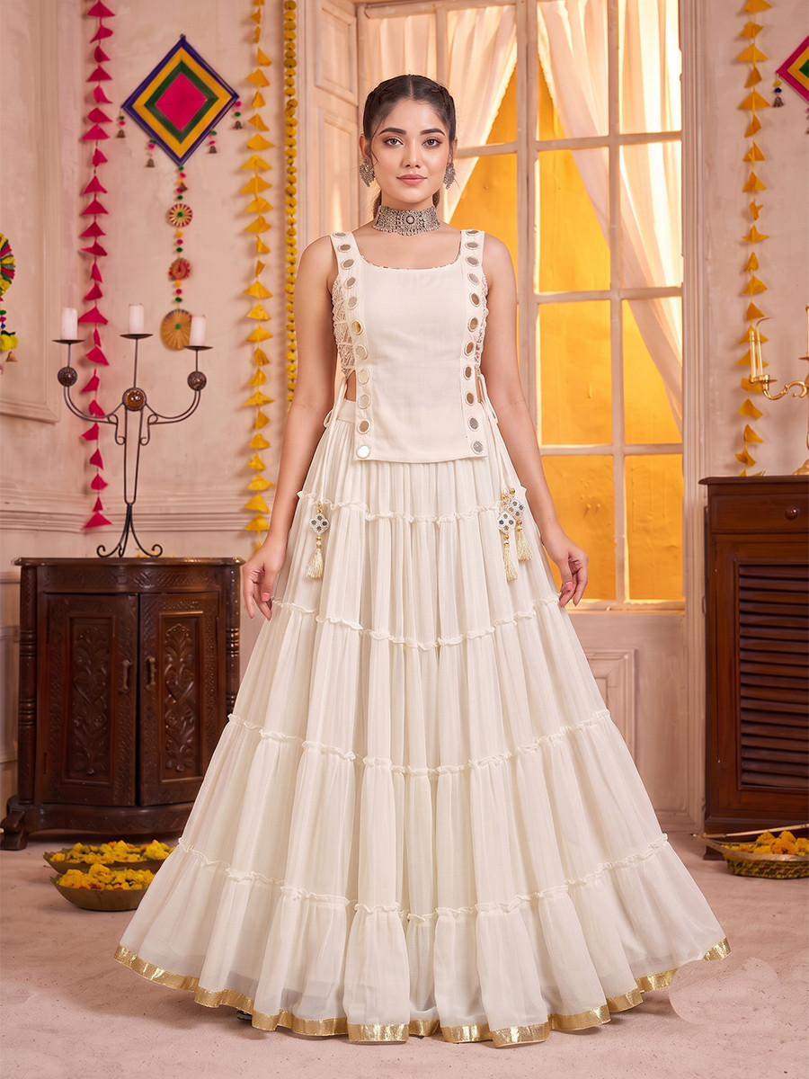 White Georgette Mirror Wedding Reception Festival Party Wear Circular Lehenga Choli
