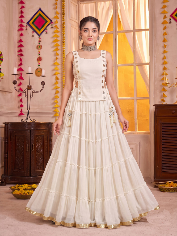 Image of White Georgette Mirror Wedding Reception Festival Party Wear Circular Lehenga Choli