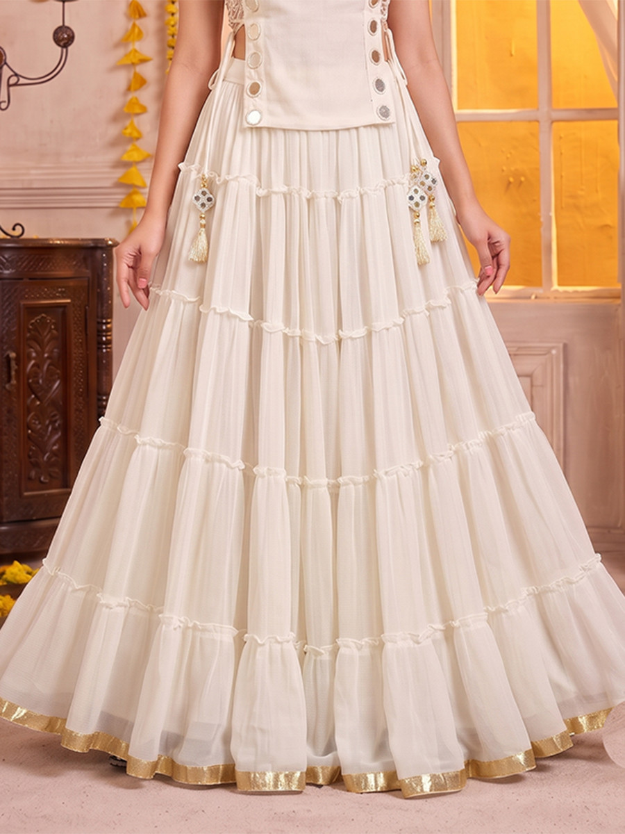White Georgette Mirror Wedding Reception Festival Party Wear Circular Lehenga Choli