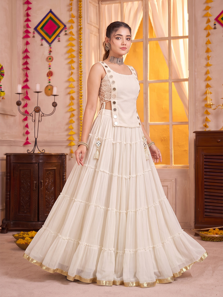 White Georgette Mirror Wedding Reception Festival Party Wear Circular Lehenga Choli