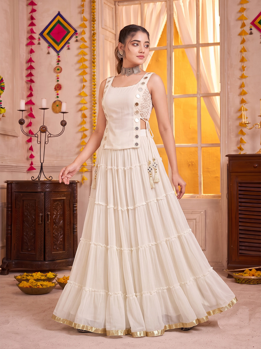 White Georgette Mirror Wedding Reception Festival Party Wear Circular Lehenga Choli
