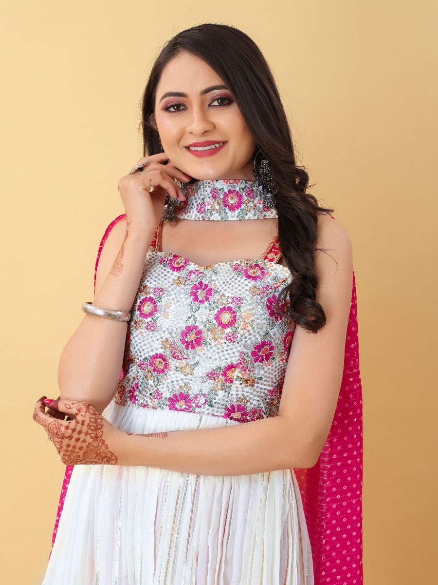 White Georgette Pleated Malai Silk Embroidered Festival Party Ready Palazzo Pant Salwar Kameez