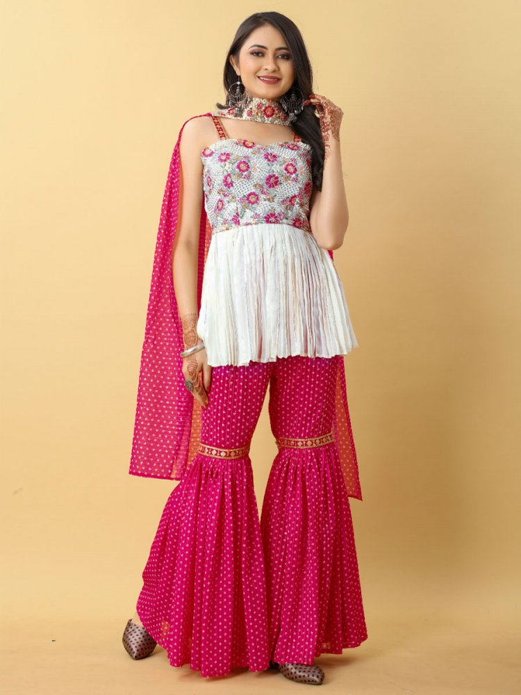White Georgette Pleated Malai Silk Embroidered Festival Party Ready Palazzo Pant Salwar Kameez