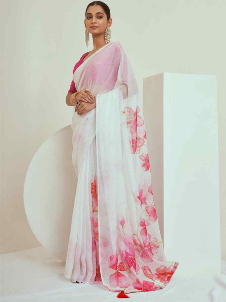 White Georgette Printed Casual Festival Contemporary Saree