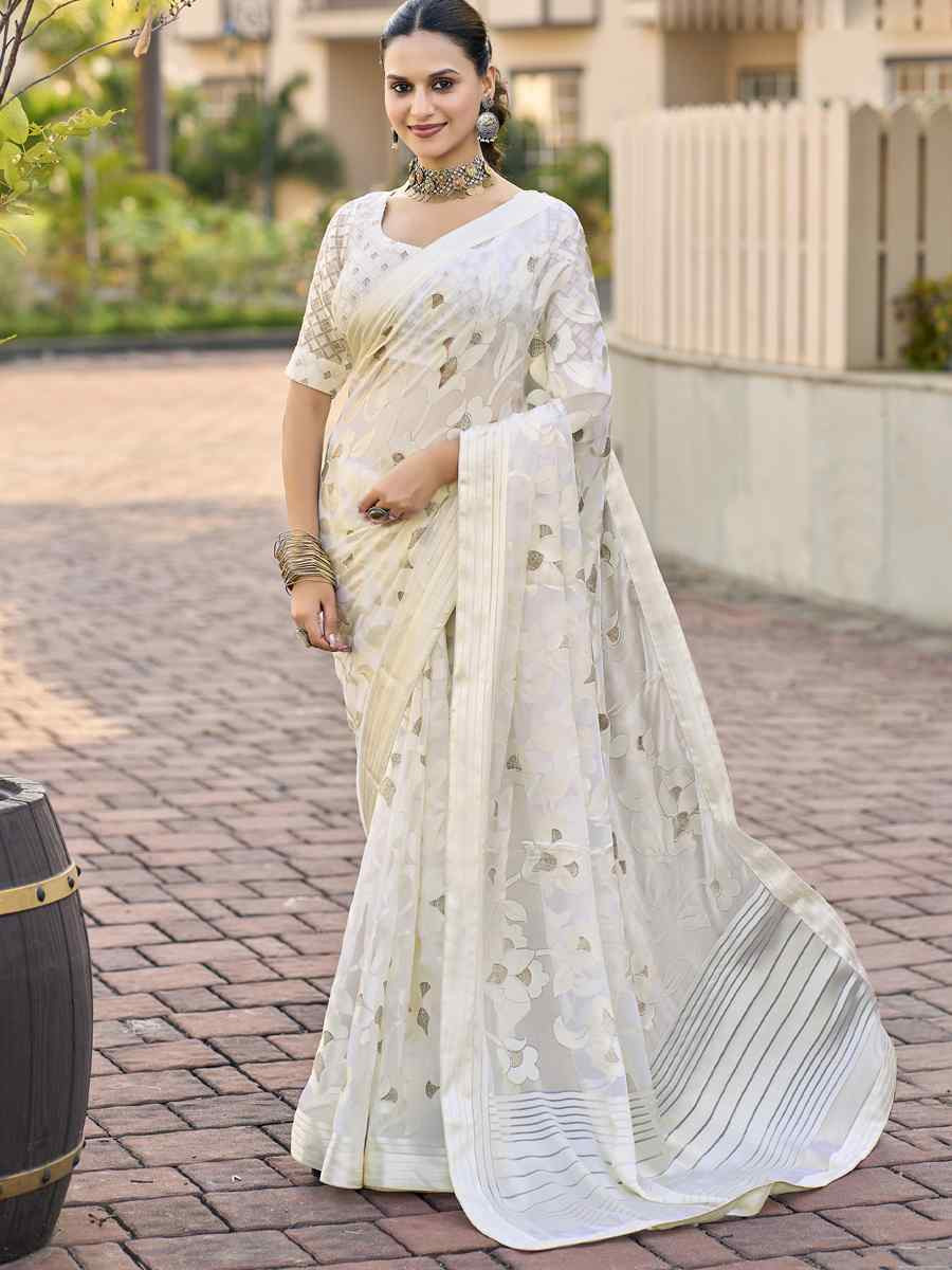 White Georgette Printed Casual Reception Festival Wedding Fancy Heavy Border Saree