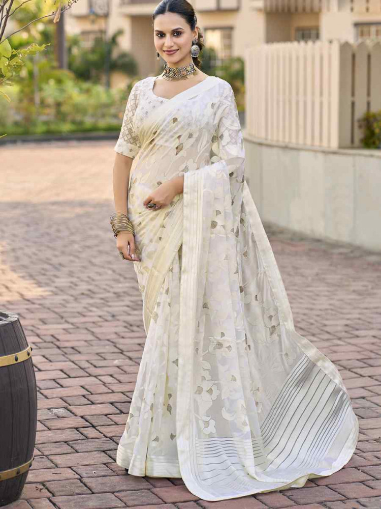 Image of White Georgette Printed Casual Reception Festival Wedding Fancy Heavy Border Saree