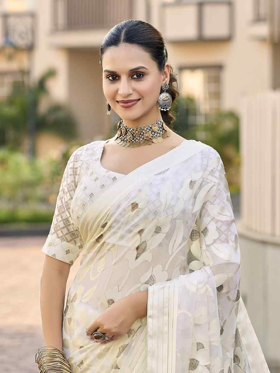 White Georgette Printed Casual Reception Festival Wedding Fancy Heavy Border Saree