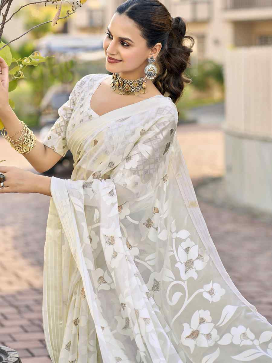 White Georgette Printed Casual Reception Festival Wedding Fancy Heavy Border Saree