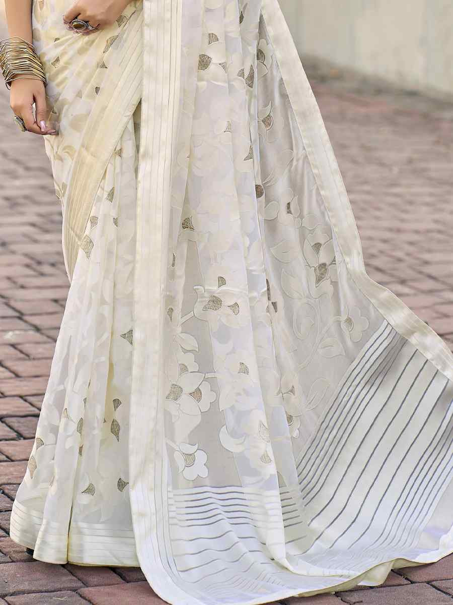 White Georgette Printed Casual Reception Festival Wedding Fancy Heavy Border Saree