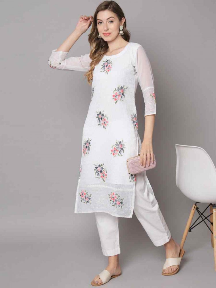 White Georgette Printed Festival Casual Kurti