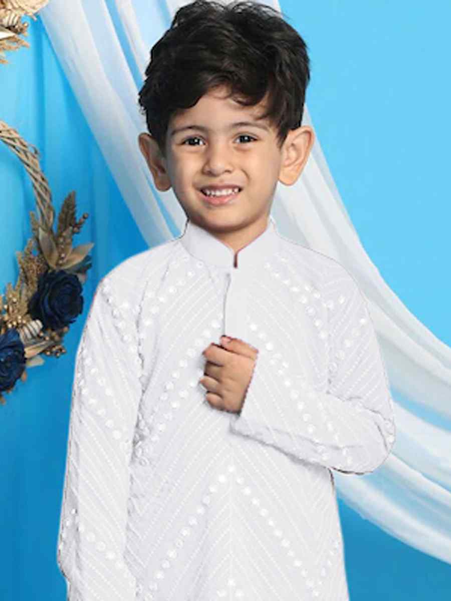 White Georgette Sequins Festival Traditional Kurta Pyjama Boys Wear