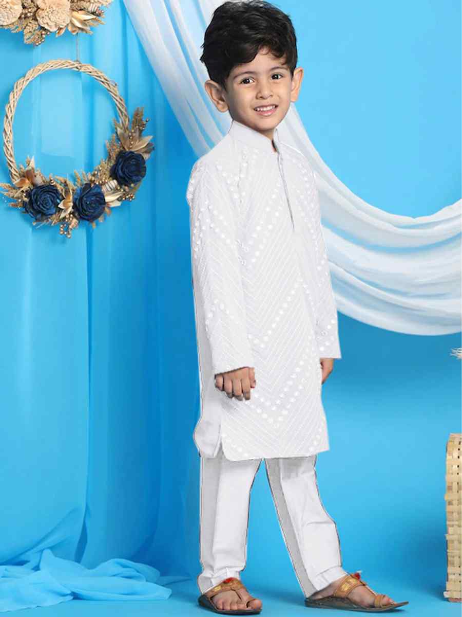 White Georgette Sequins Festival Traditional Kurta Pyjama Boys Wear