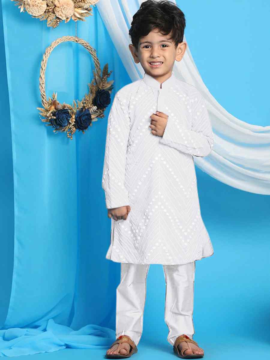 White Georgette Sequins Festival Traditional Kurta Pyjama Boys Wear