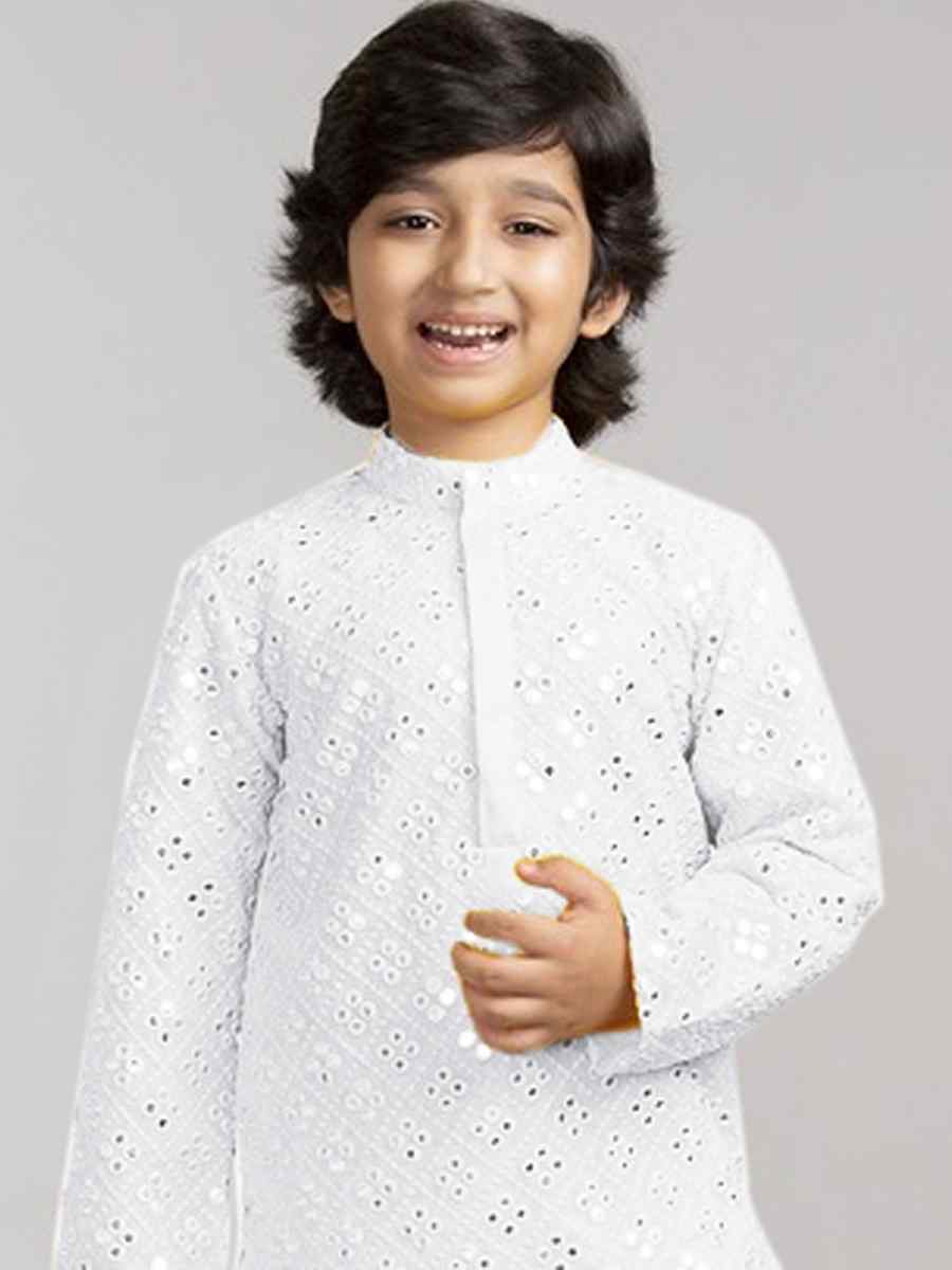 White Georgette Sequins Festival Traditional Kurta Pyjama Boys Wear