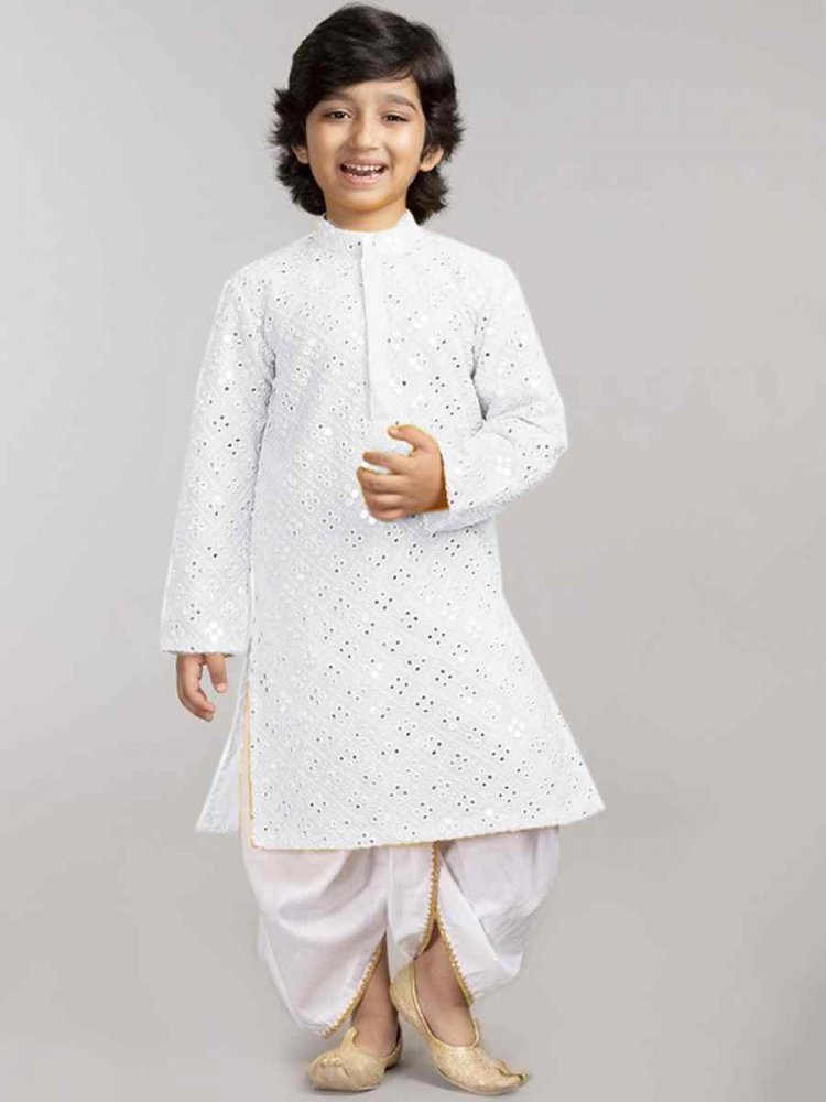 White Georgette Sequins Festival Traditional Kurta Pyjama Boys Wear