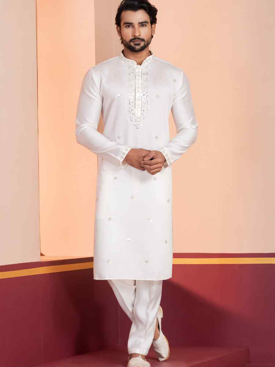 White Glame Cotton Embroidery Festival Wedding Party Mens Kurta