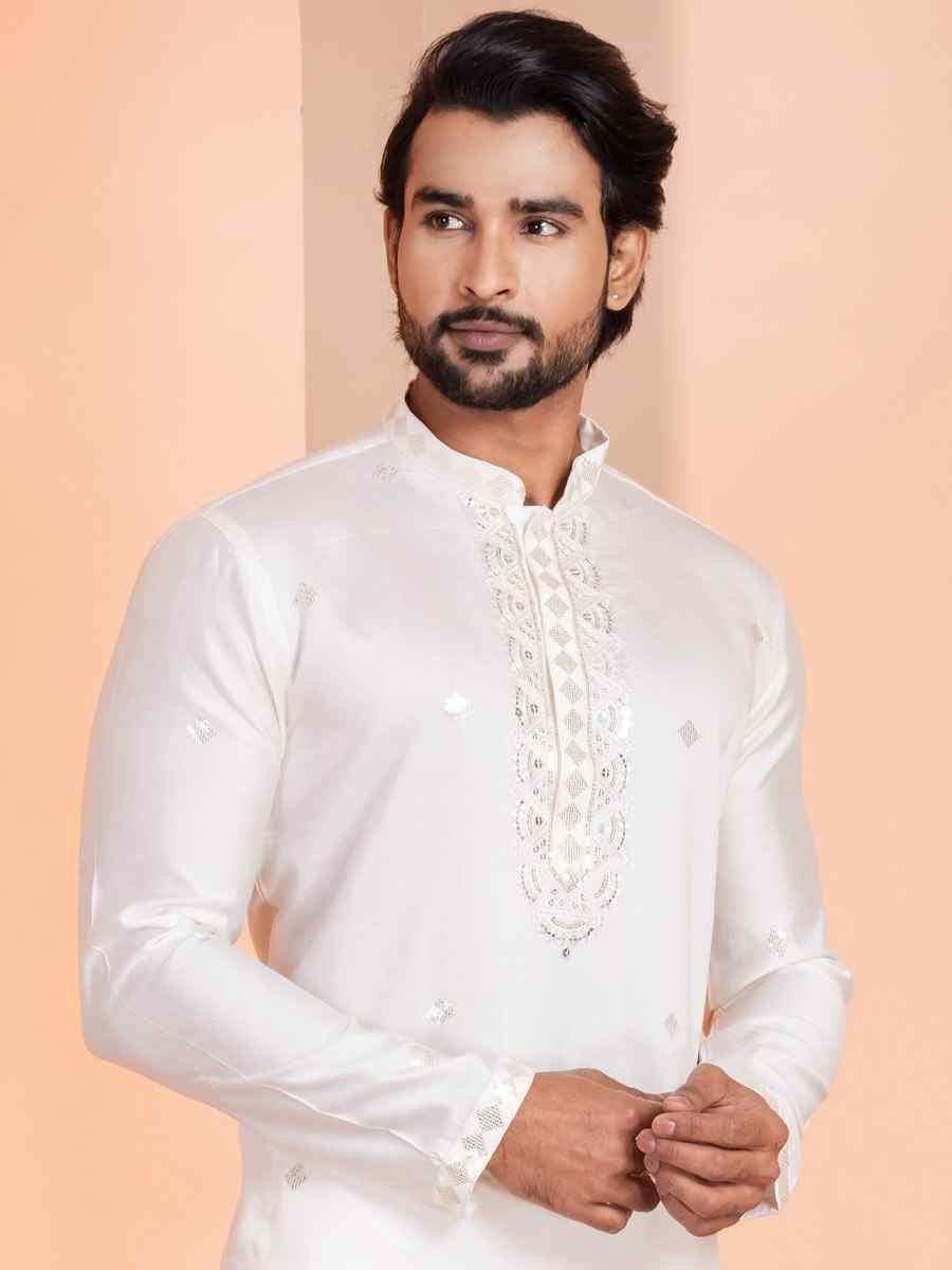 White Glame Cotton Embroidery Festival Wedding Party Mens Kurta
