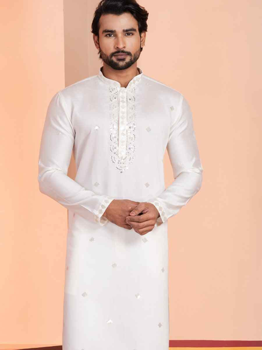 White Glame Cotton Embroidery Festival Wedding Party Mens Kurta