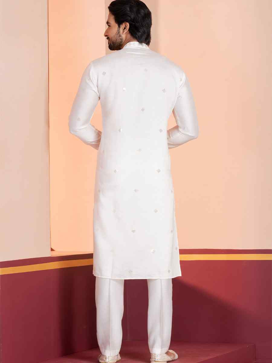 White Glame Cotton Embroidery Festival Wedding Party Mens Kurta