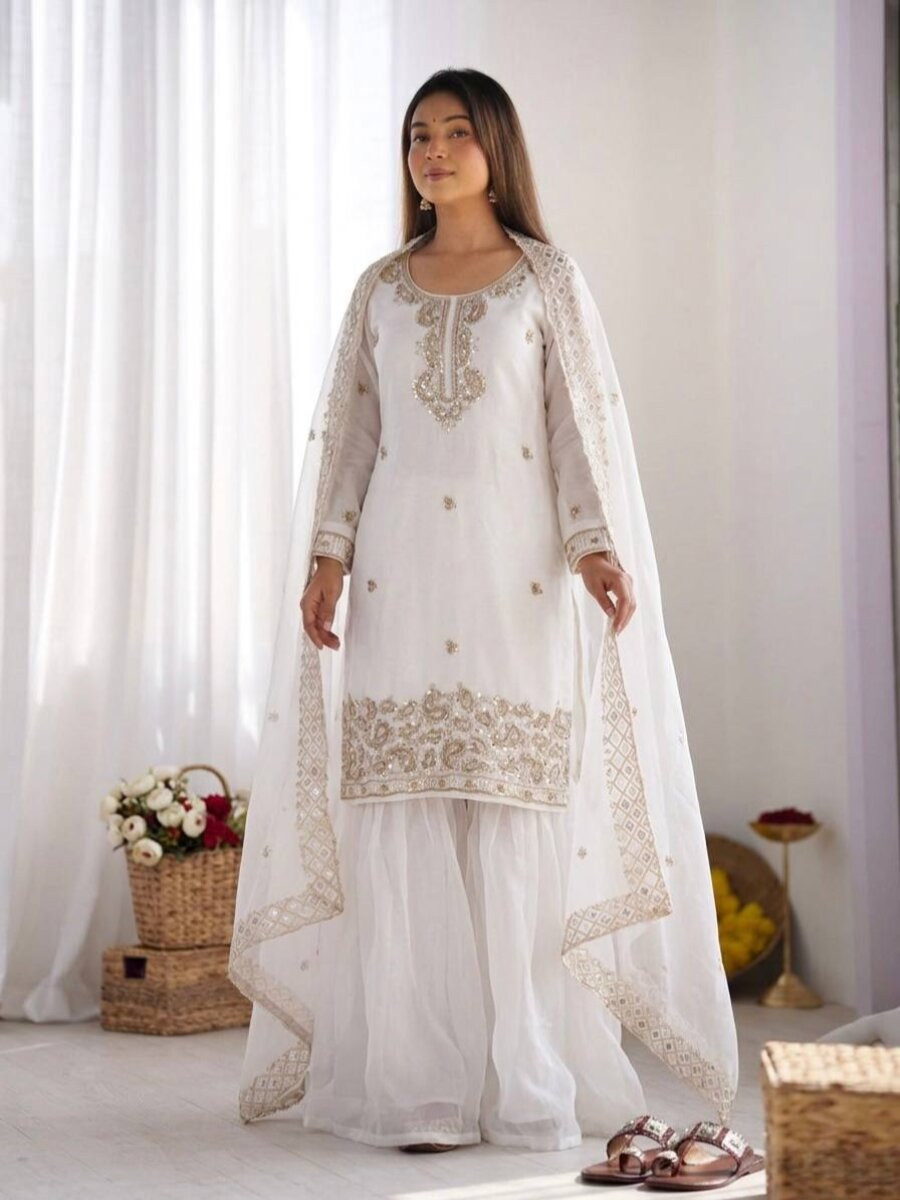 White Gmy Choo Silk Embroidery Sequins Zari Wedding Party Festival Casual Palazzo Pant Salwar Kameez