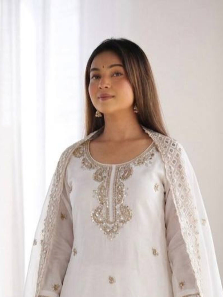 White Gmy Choo Silk Embroidery Sequins Zari Wedding Party Festival Casual Palazzo Pant Salwar Kameez