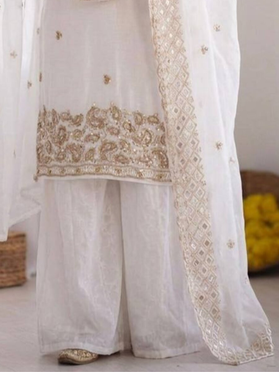 White Gmy Choo Silk Embroidery Sequins Zari Wedding Party Festival Casual Palazzo Pant Salwar Kameez