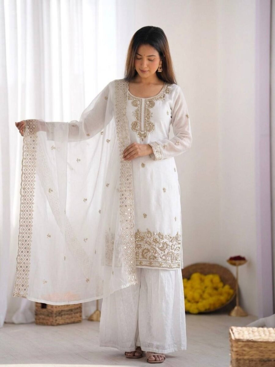 White Gmy Choo Silk Embroidery Sequins Zari Wedding Party Festival Casual Palazzo Pant Salwar Kameez