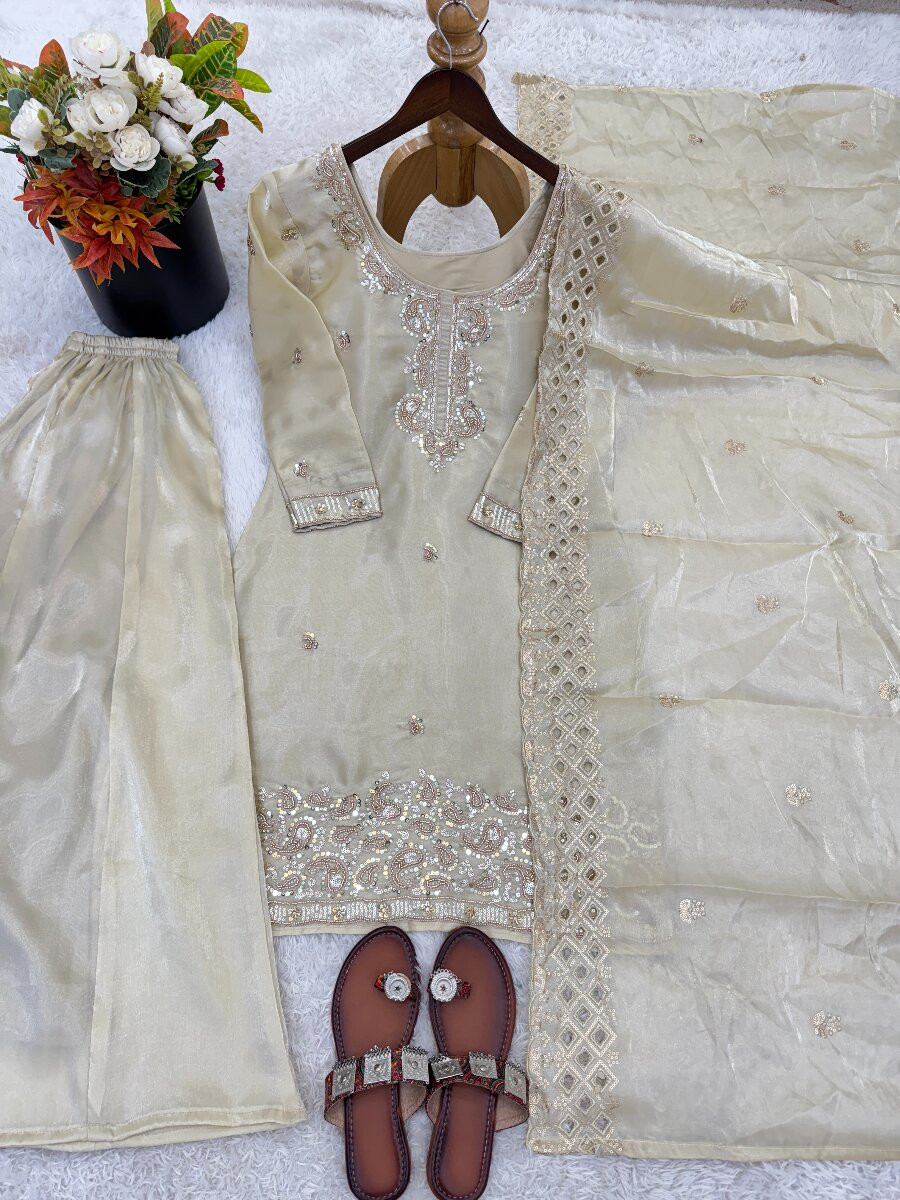 White Gmy Choo Silk Embroidery Sequins Zari Wedding Party Festival Casual Palazzo Pant Salwar Kameez