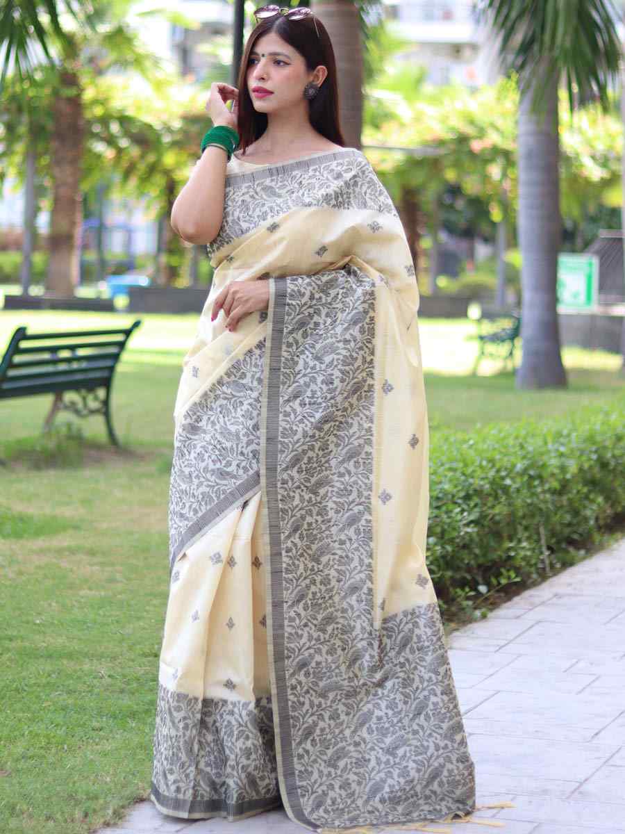 White Handloom Raw Silk Handwoven Casual Festival Classic Style Saree