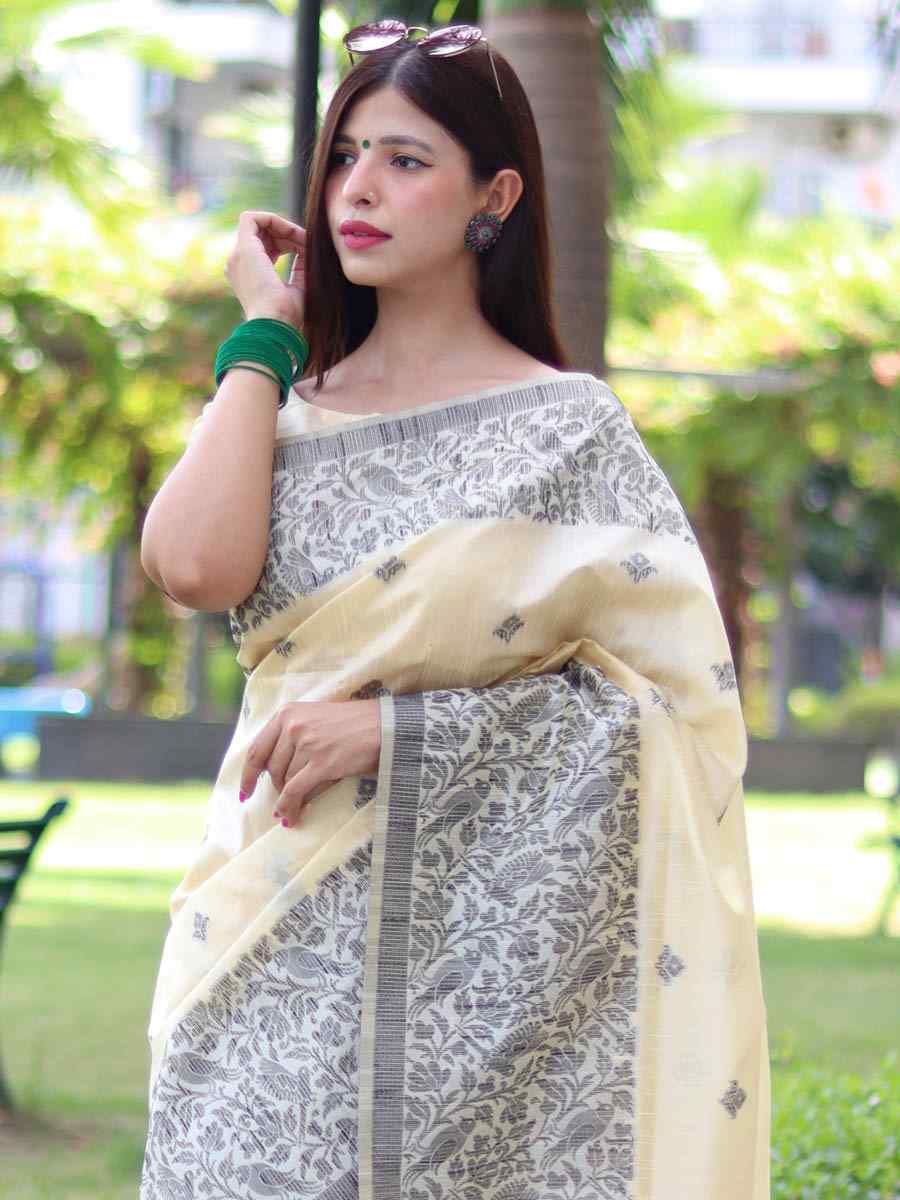 White Handloom Raw Silk Handwoven Casual Festival Classic Style Saree