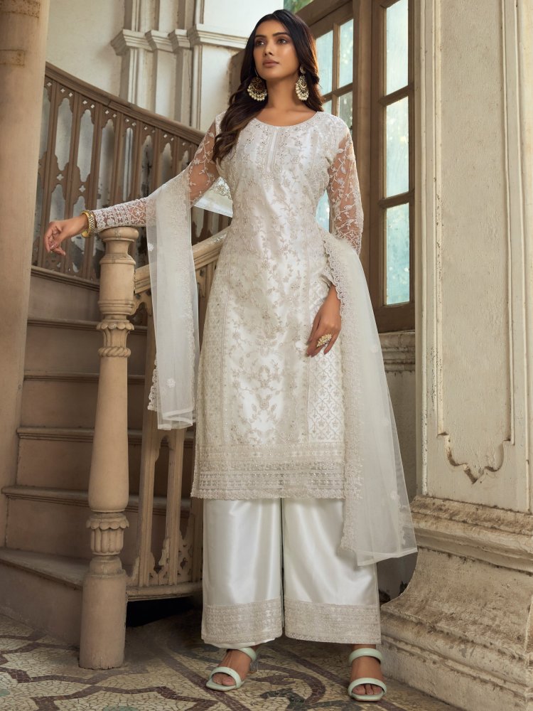 White Heavy Butterfly Net Embroidered Festival Party Engagement Pant Salwar Kameez