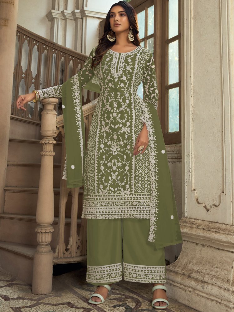 Green Heavy Butterfly Net Embroidered Festival Party Engagement Pant Salwar Kameez