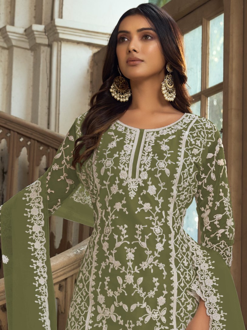 Green Heavy Butterfly Net Embroidered Festival Party Engagement Pant Salwar Kameez