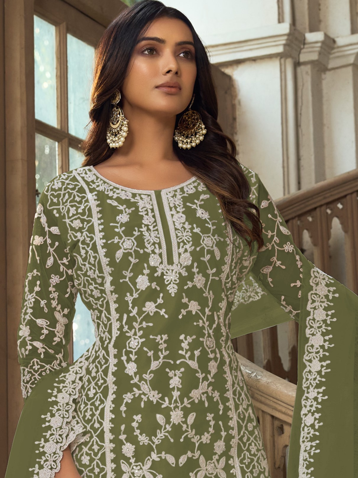 White Heavy Butterfly Net Embroidered Festival Party Engagement Pant Salwar Kameez