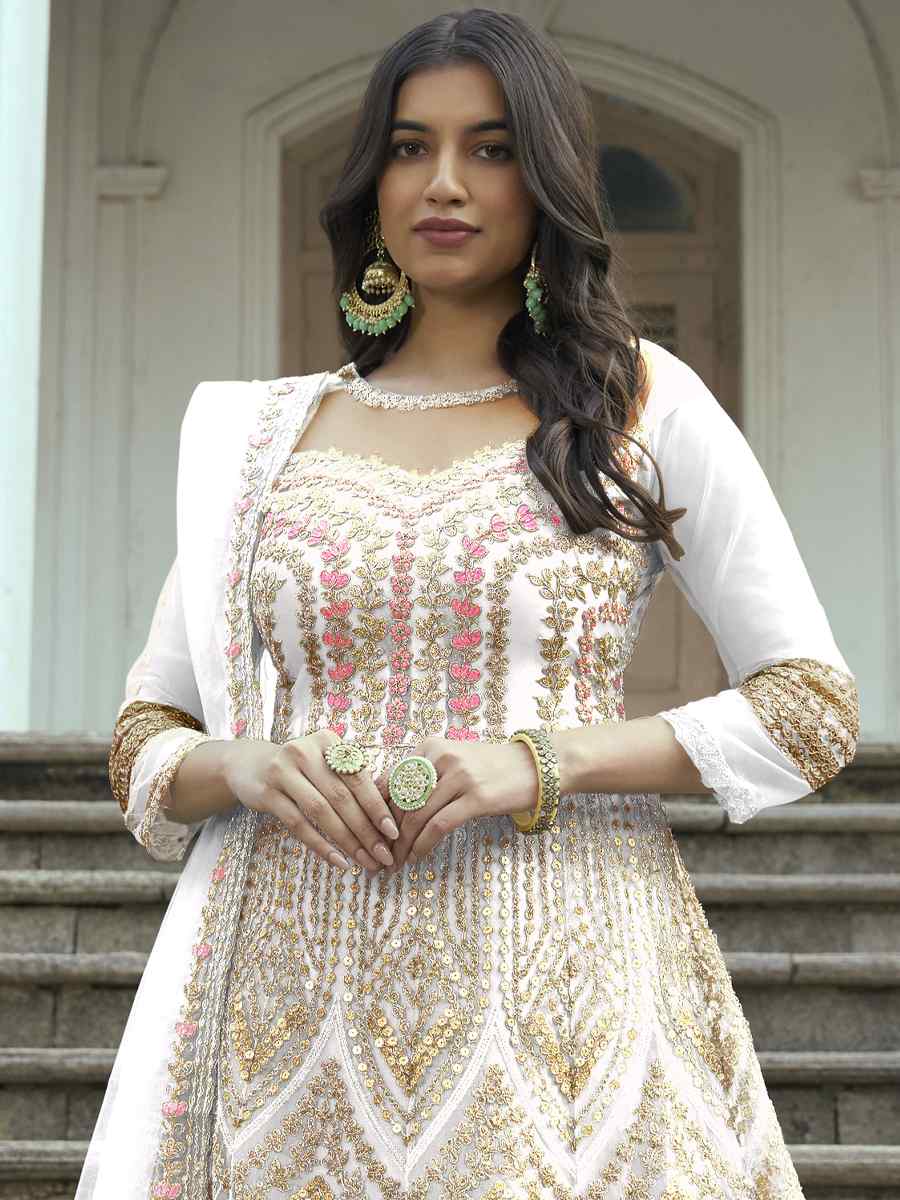 White Heavy Butterfly Net Embroidered Festival Wedding Anarkali Salwar Kameez