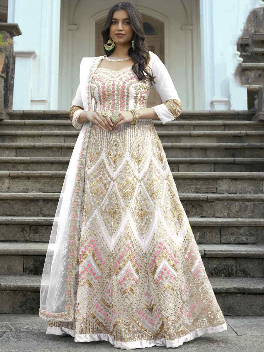 White Heavy Butterfly Net Embroidered Festival Wedding Anarkali Salwar Kameez