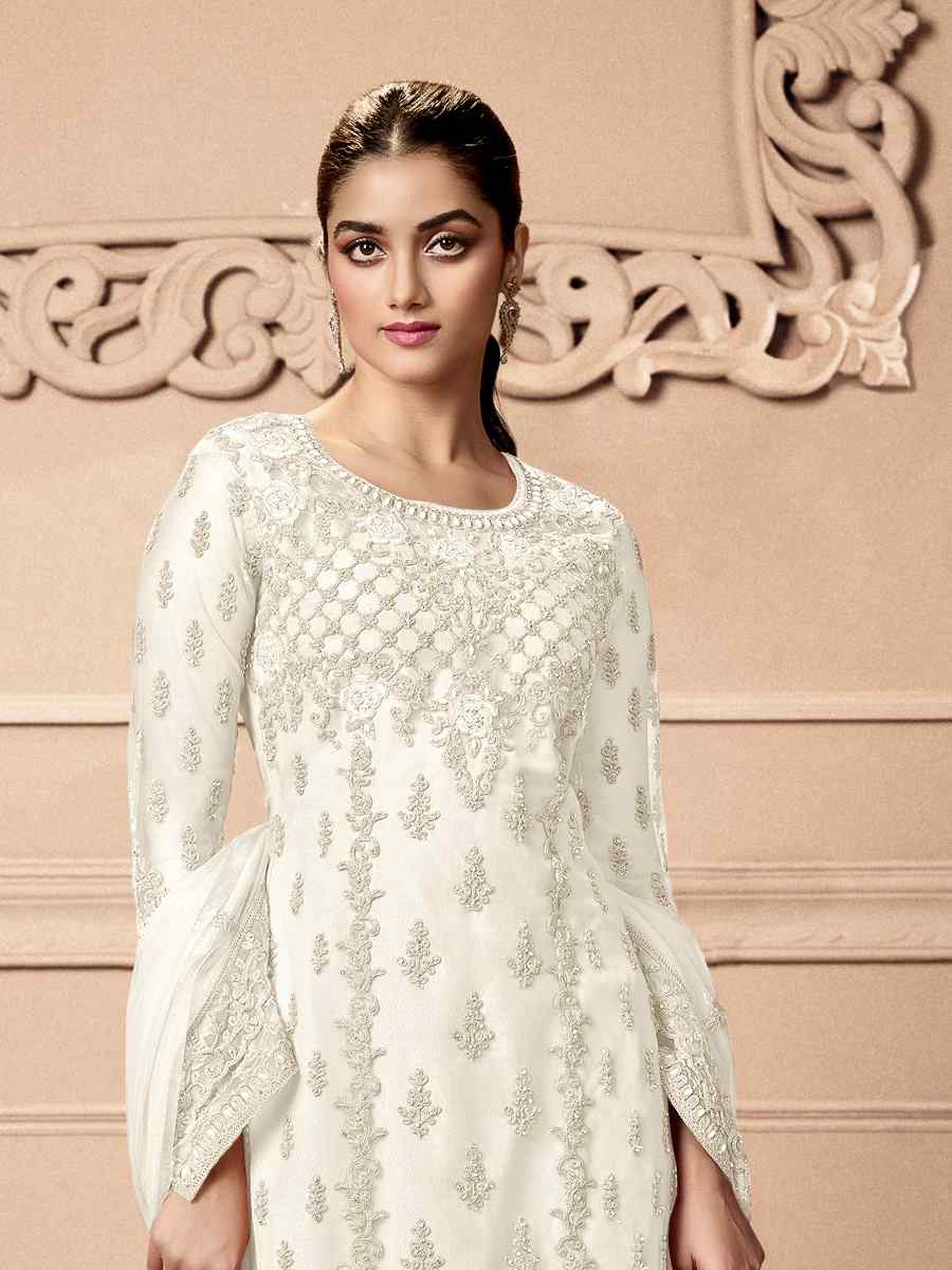 White Heavy Butterfly Net Embroidered Festival Wedding Pant Salwar Kameez