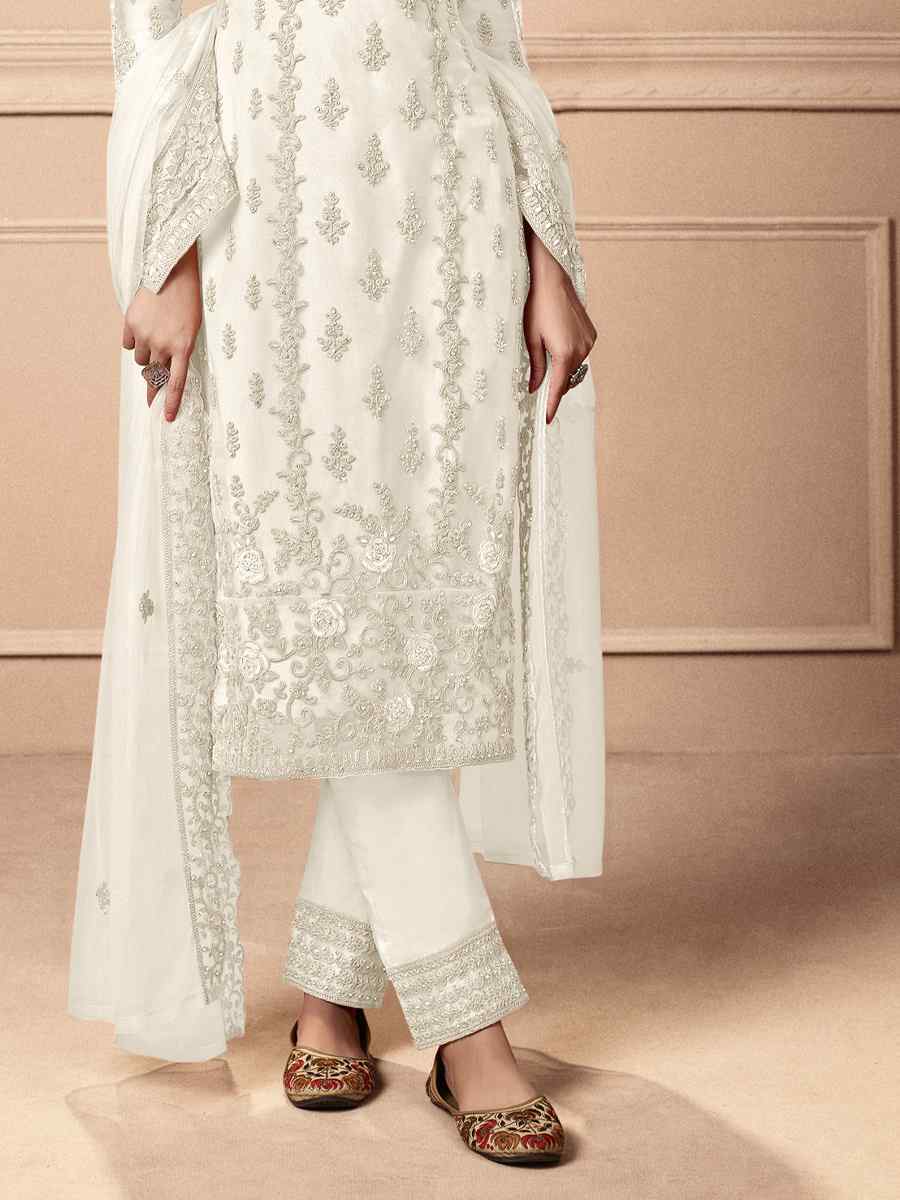 White Heavy Butterfly Net Embroidered Festival Wedding Pant Salwar Kameez