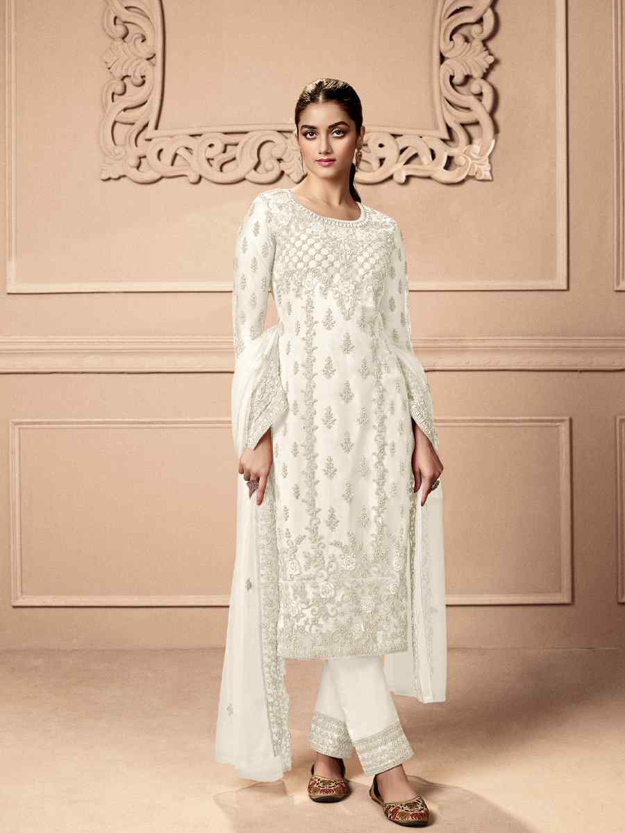 White Heavy Butterfly Net Embroidered Festival Wedding Pant Salwar Kameez