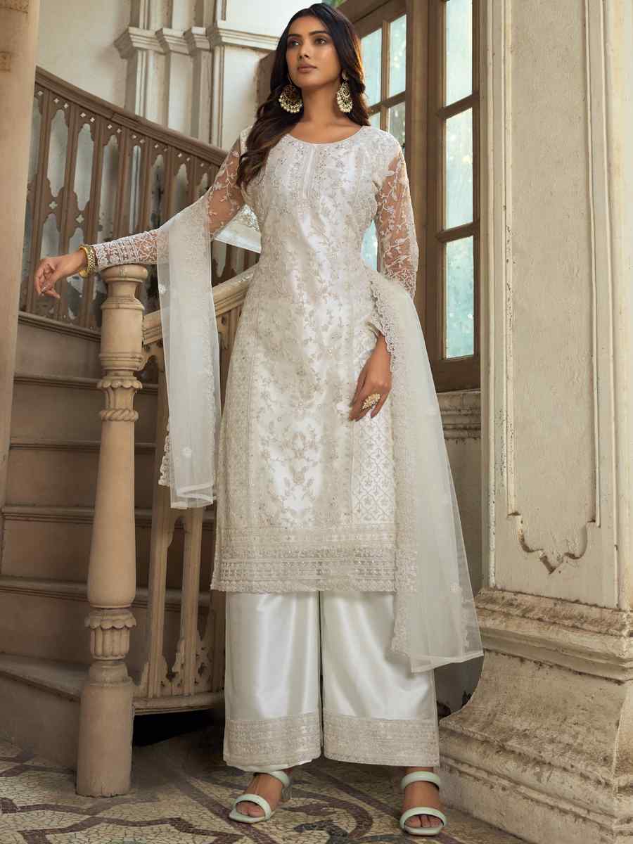 White Heavy Butterfly Net Embroidered Party Palazzo Pant Salwar Kameez