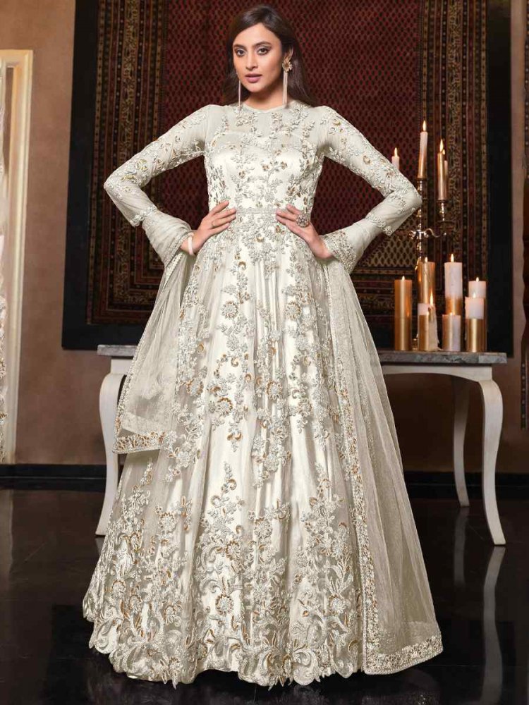 White Heavy Butterfly Net Embroidered Wedding Engagement Anarkali Salwar Kameez