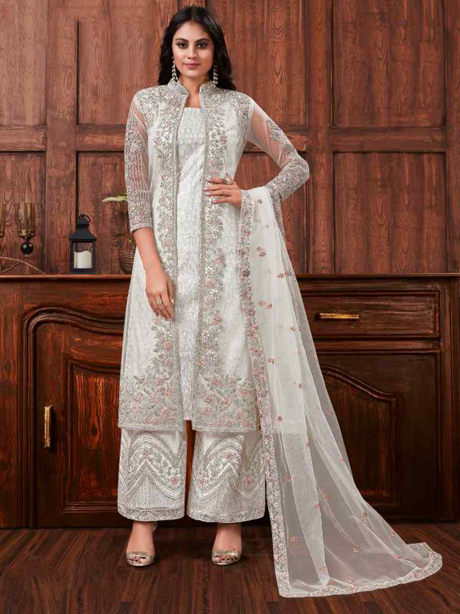 White Heavy Butterfly Net Embroidered Wedding Engagement Palazzo Pant Salwar Kameez