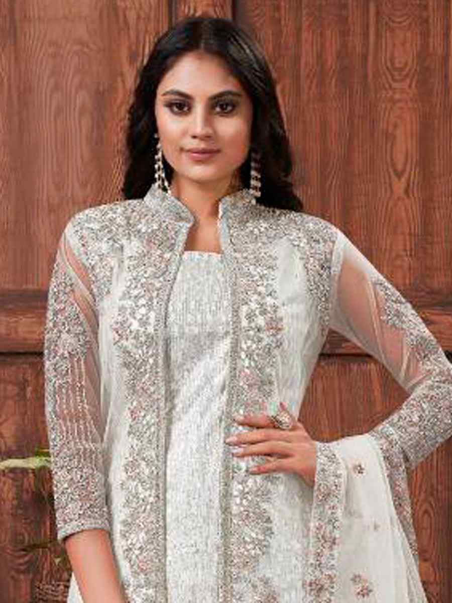 White Heavy Butterfly Net Embroidered Wedding Engagement Palazzo Pant Salwar Kameez
