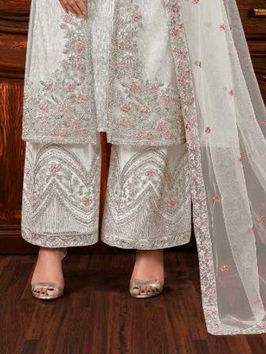 White Heavy Butterfly Net Embroidered Wedding Engagement Palazzo Pant Salwar Kameez