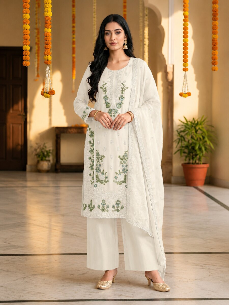 White Heavy Chiffon Embroidery Beads Wedding Party Festival Casual Palazzo Pant Salwar Kameez
