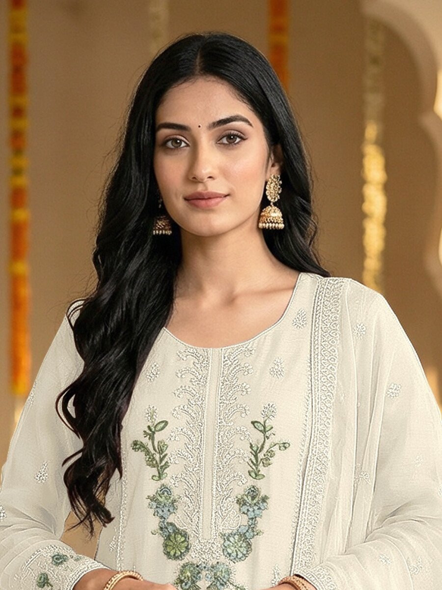 White Heavy Chiffon Embroidery Beads Wedding Party Festival Casual Palazzo Pant Salwar Kameez