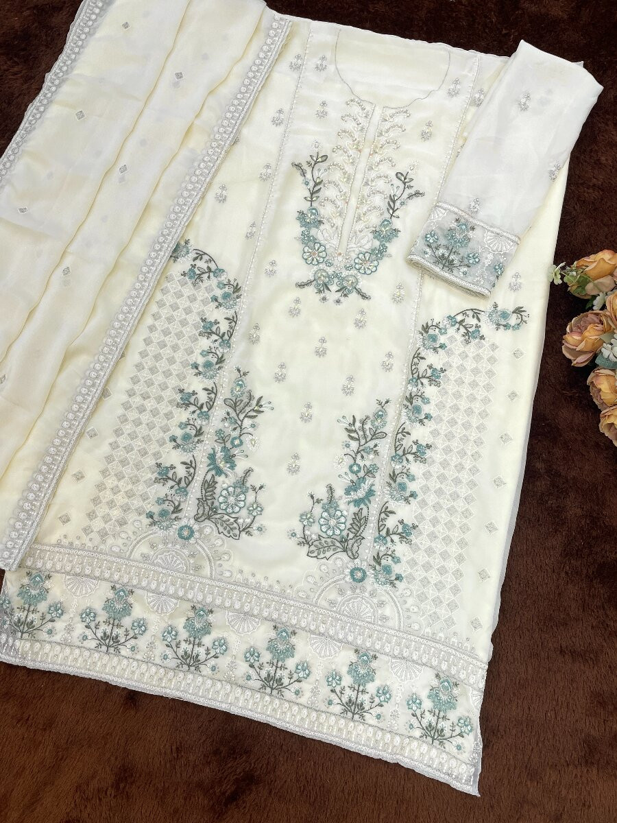 White Heavy Chiffon Embroidery Beads Wedding Party Festival Casual Palazzo Pant Salwar Kameez