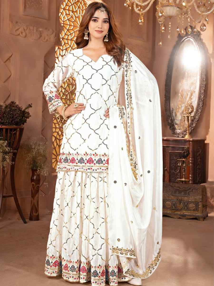 White Heavy Chinnon Silk Embroidery Party Wedding Festival Casual Ready Palazzo Pant Salwar Kameez